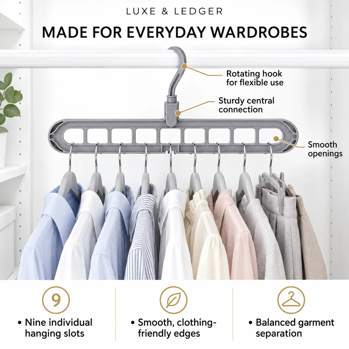 A gray multi-hanger garment organizer hanging on a white closet rod, shown with several shirts and trousers suspended in its nine slots. The image includes marketing text and callout labels explaining features like the rotating hook, sturdy central connection, smooth openings, nine individual hanging slots, smooth clothing-friendly edges, and balanced garment separation.