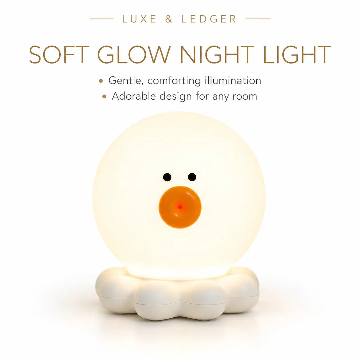 A cute duck-shaped soft glow night light with a glowing white body, small black eyes, and an orange beak on a white base, shown with the text 'LUXE & LEDGER' and 'SOFT GLOW NIGHT LIGHT' on a clean white background.