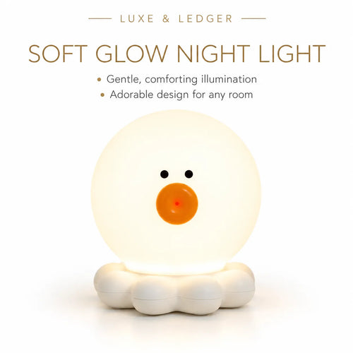 A cute duck-shaped soft glow night light with a glowing white body, small black eyes, and an orange beak on a white base, shown with the text 'LUXE & LEDGER' and 'SOFT GLOW NIGHT LIGHT' on a clean white background.