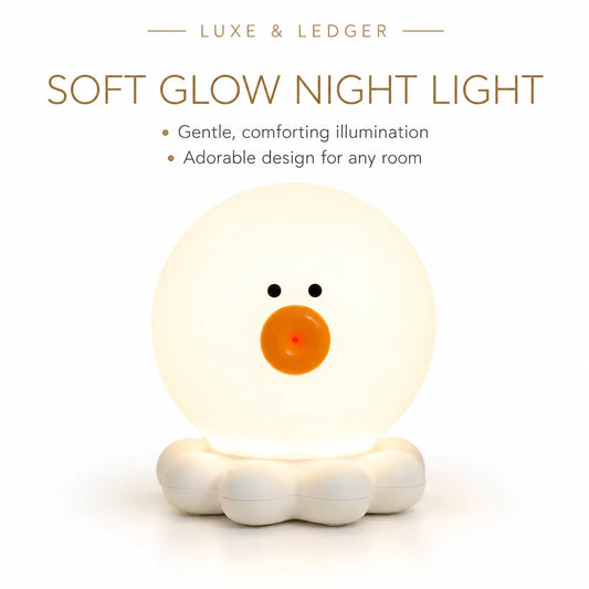 A cute duck-shaped soft glow night light with a glowing white body, small black eyes, and an orange beak on a white base, shown with the text 'LUXE & LEDGER' and 'SOFT GLOW NIGHT LIGHT' on a clean white background.