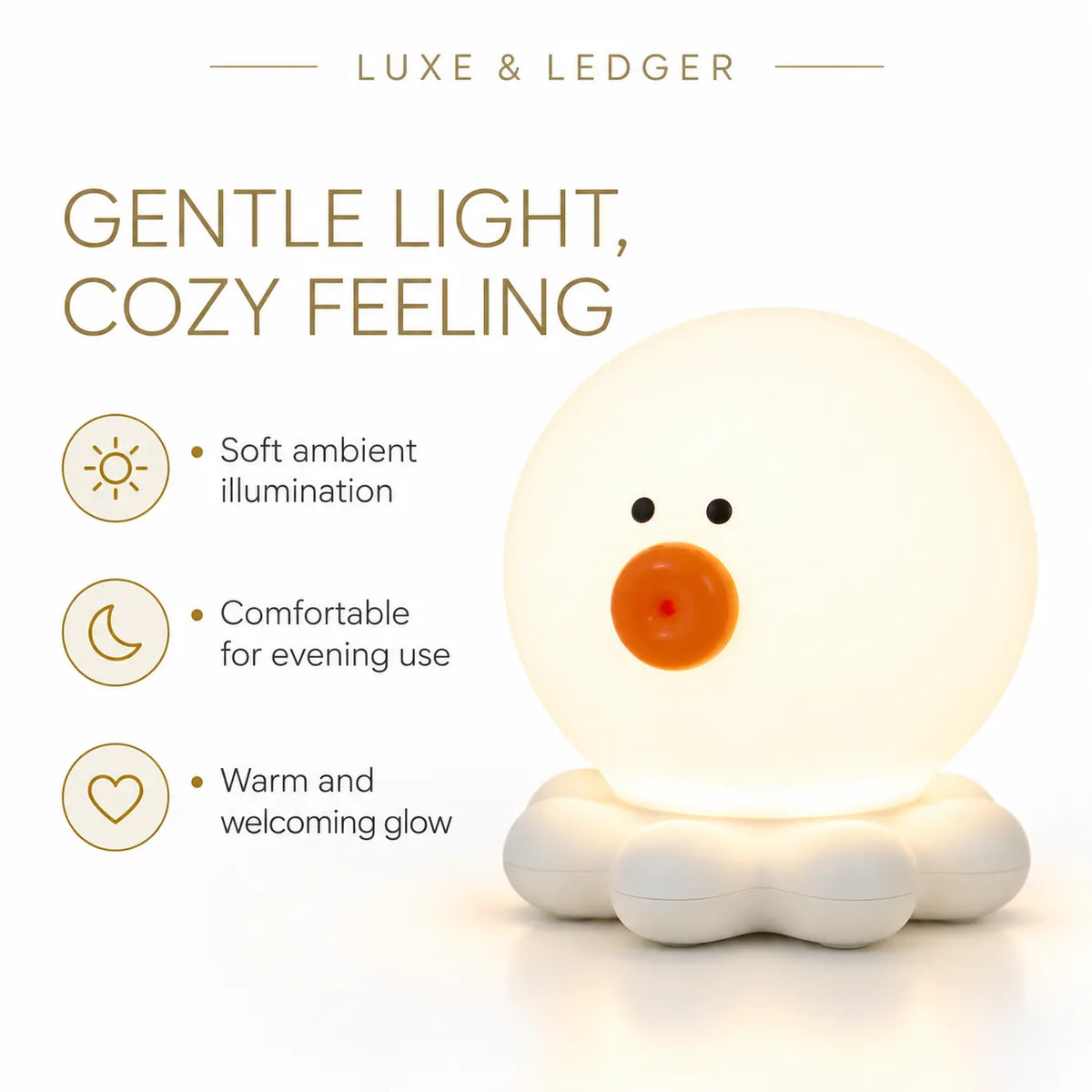 A cute duck-shaped night light with a glowing warm white body, black eyes, and an orange beak, sitting on a cloud-like base. The image includes marketing text and icons highlighting soft ambient illumination, comfort for evening use, and a warm welcoming glow.