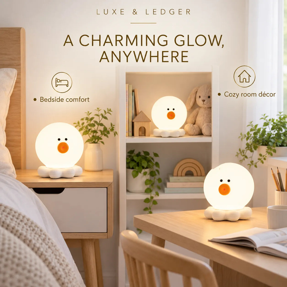 Two cute duck-shaped night lights glowing with warm light in a cozy bedroom and study setting. The product has a white rounded body and head with a small orange beak and black eyes, sitting on a light wood nightstand and a wooden desk.