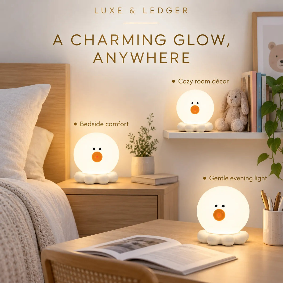 Three cute duck-shaped LED night lights shown in a cozy bedroom setting, with warm glowing bulbs and text overlays describing their benefits: bedside comfort, cozy room decor, and gentle evening light. The brand name 'LUXE & LEDGER' is visible at the top.