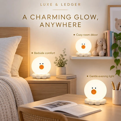 Three cute duck-shaped LED night lights shown in a cozy bedroom setting, with warm glowing bulbs and text overlays describing their benefits: bedside comfort, cozy room decor, and gentle evening light. The brand name 'LUXE & LEDGER' is visible at the top.