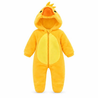 A yellow plush baby chick onesie with a hood, featuring a stitched beak, black eyes, and a yellow belly panel on a white background.