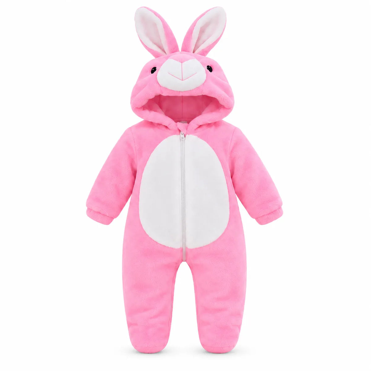 A pink plush baby bunny one-piece jumpsuit with a white belly panel, white inner ears, and a front zipper, shown on a plain white background.
