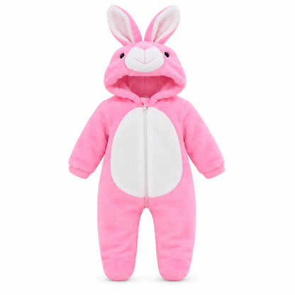 A pink plush baby bunny one-piece jumpsuit with a white belly panel, white inner ears, and a front zipper, shown on a plain white background.