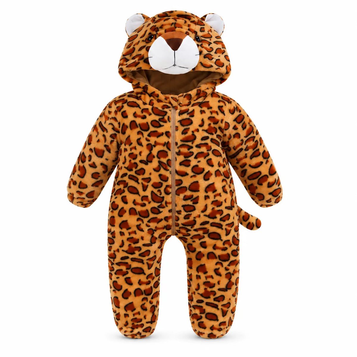 A plush leopard onesie costume with a hood, featuring a brown and orange leopard print pattern, a front zipper, and a white face on the hood.