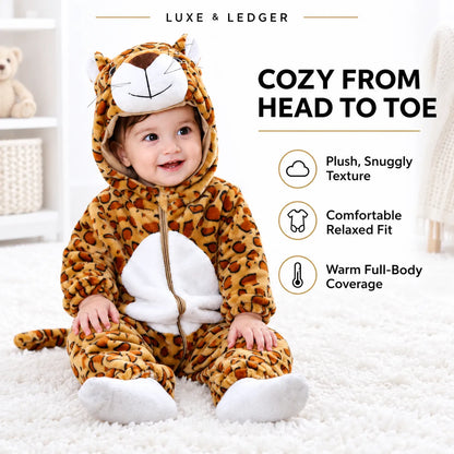 A baby wearing a plush leopard-print hooded onesie sits on a white rug in a bright nursery. The text at the top reads 'LUXE & LEDGER' and 'COZY FROM HEAD TO TOE,' with feature callouts about plush snuggly texture, comfortable relaxed fit, and warm full-body coverage.