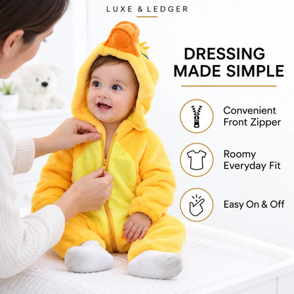 A baby wearing a yellow and orange duck costume onesie sits on a white bed while an adult adjusts the front zipper. The image includes marketing text and feature icons for the product.