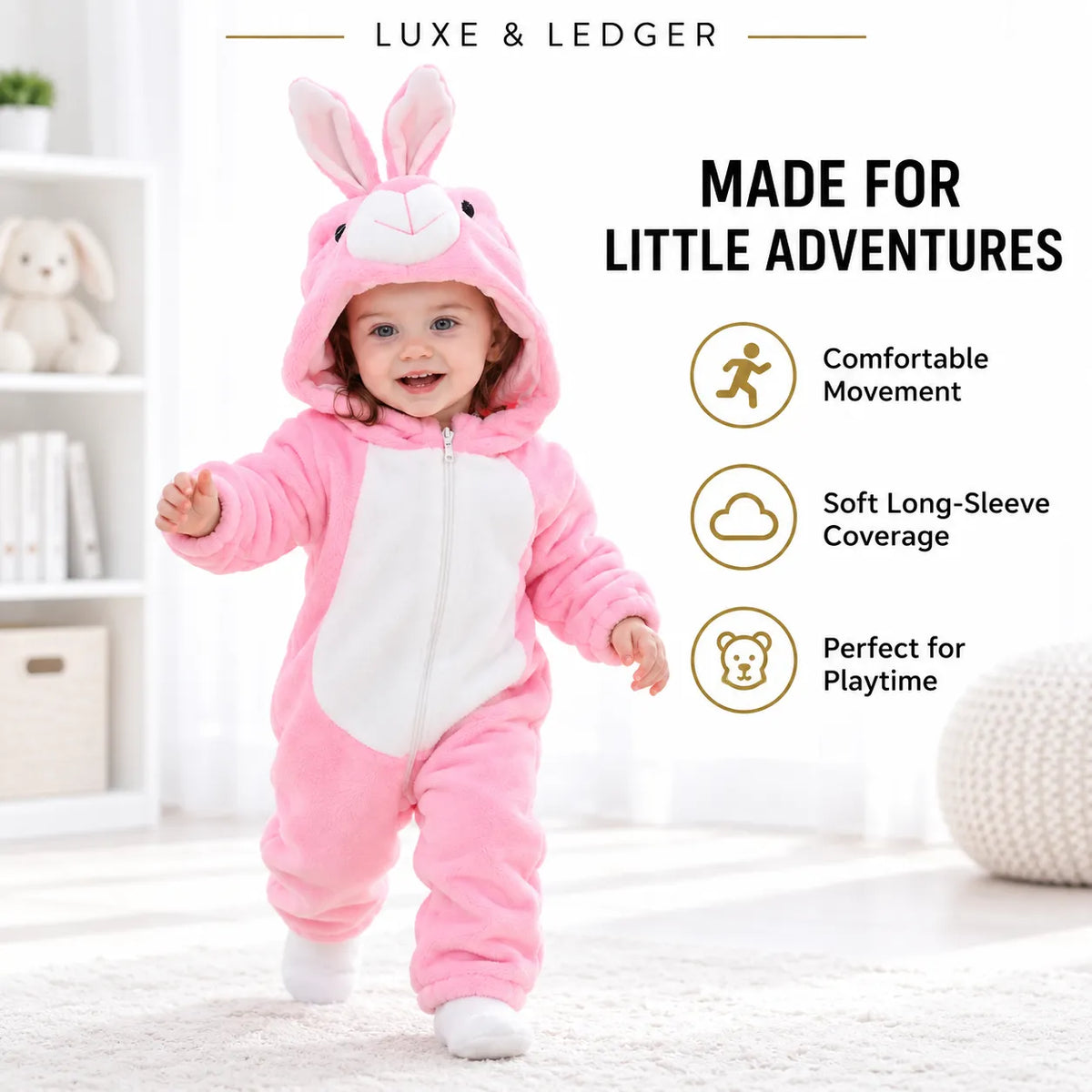 A toddler wearing a pink and white bunny onesie with a hood and bunny ears, walking indoors on a light rug. The image includes marketing text and icons on the right: 'LUXE & LEDGER' at the top, 'MADE FOR LITTLE ADVENTURES' in the center, and feature callouts about comfortable movement, soft long-sleeve coverage, and playtime suitability.