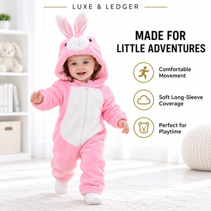 A toddler wearing a pink and white bunny onesie with a hood and bunny ears, walking indoors on a light rug. The image includes marketing text and icons on the right: 'LUXE & LEDGER' at the top, 'MADE FOR LITTLE ADVENTURES' in the center, and feature callouts about comfortable movement, soft long-sleeve coverage, and playtime suitability.