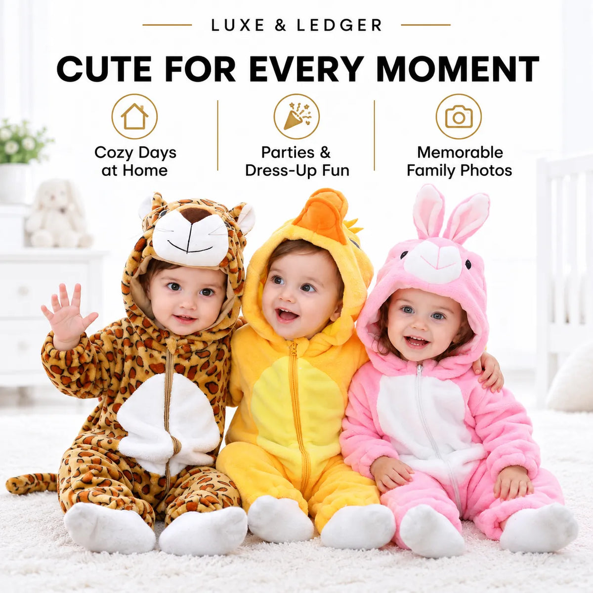 Three babies wearing plush animal onesies sit together on a white rug in a bright nursery. The left baby wears a leopard-print lion costume, the center baby wears a yellow duck costume, and the right baby wears a pink rabbit costume.