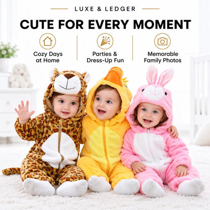 Three babies wearing plush animal onesies sit together on a white rug in a bright nursery. The left baby wears a leopard-print lion costume, the center baby wears a yellow duck costume, and the right baby wears a pink rabbit costume.