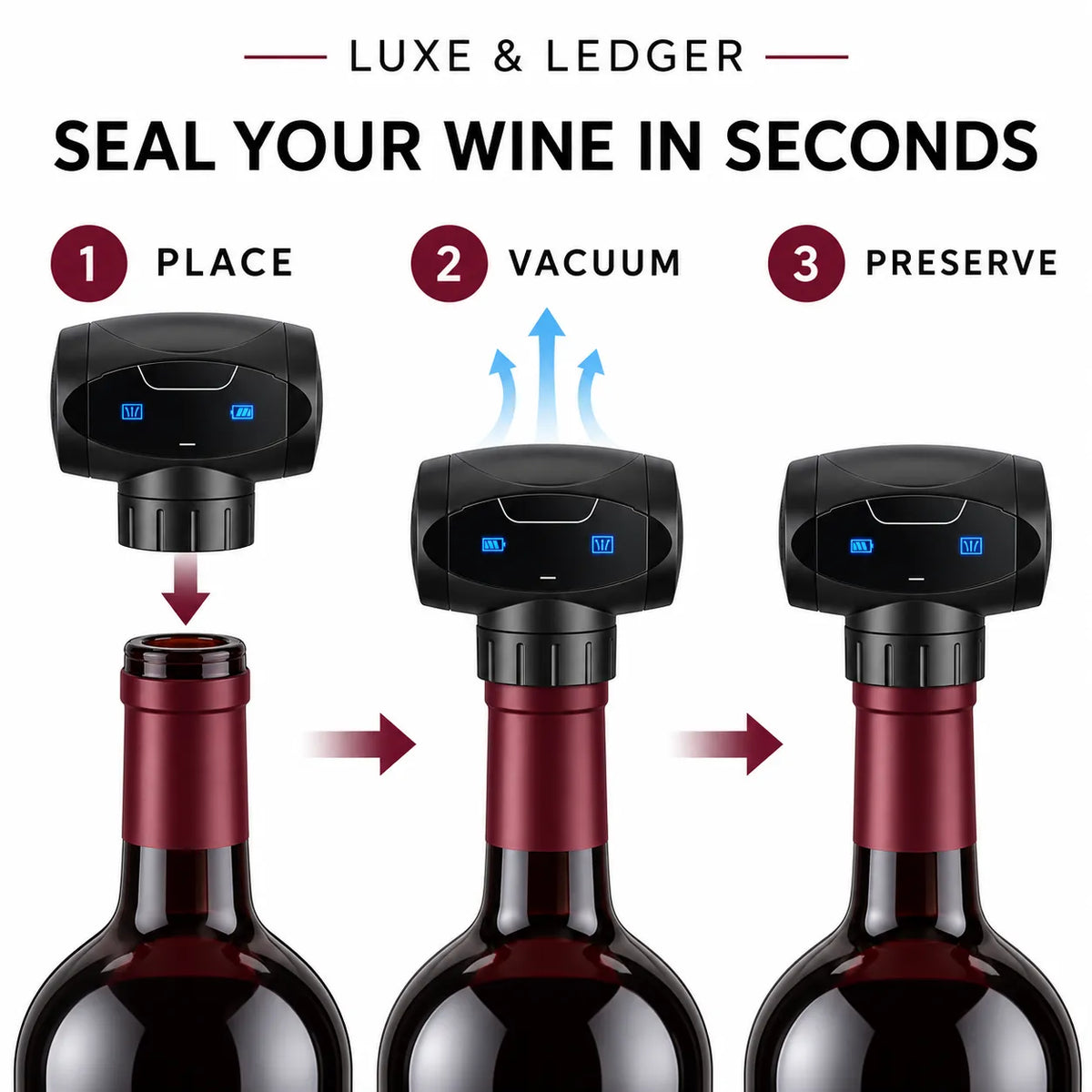 Instructional graphic showing a wine bottle capping device in three steps: place, vacuum, and preserve. The black electronic capper is shown positioned over a wine bottle neck, with blue arrows indicating vacuum sealing in the middle step.