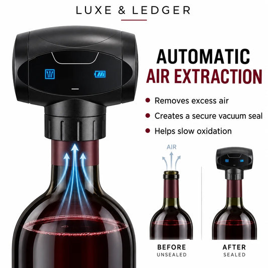 LUXE & LEDGER automatic air extraction device shown on a wine bottle with illustrated blue air flow and text explaining vacuum sealing benefits, plus before/after bottle views on a white background.
