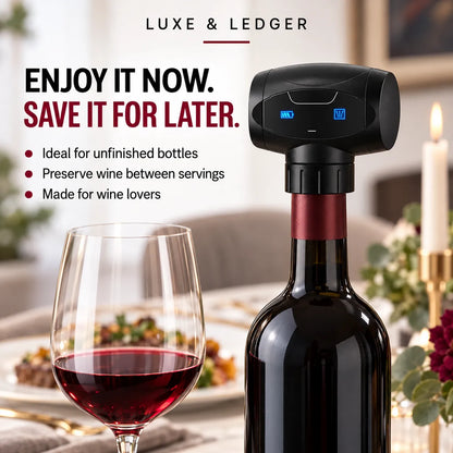 A Luxe & Ledger wine bottle capper shown attached to a wine bottle with a glass of red wine in the foreground, set in a softly blurred dining room scene with promotional text on the left.