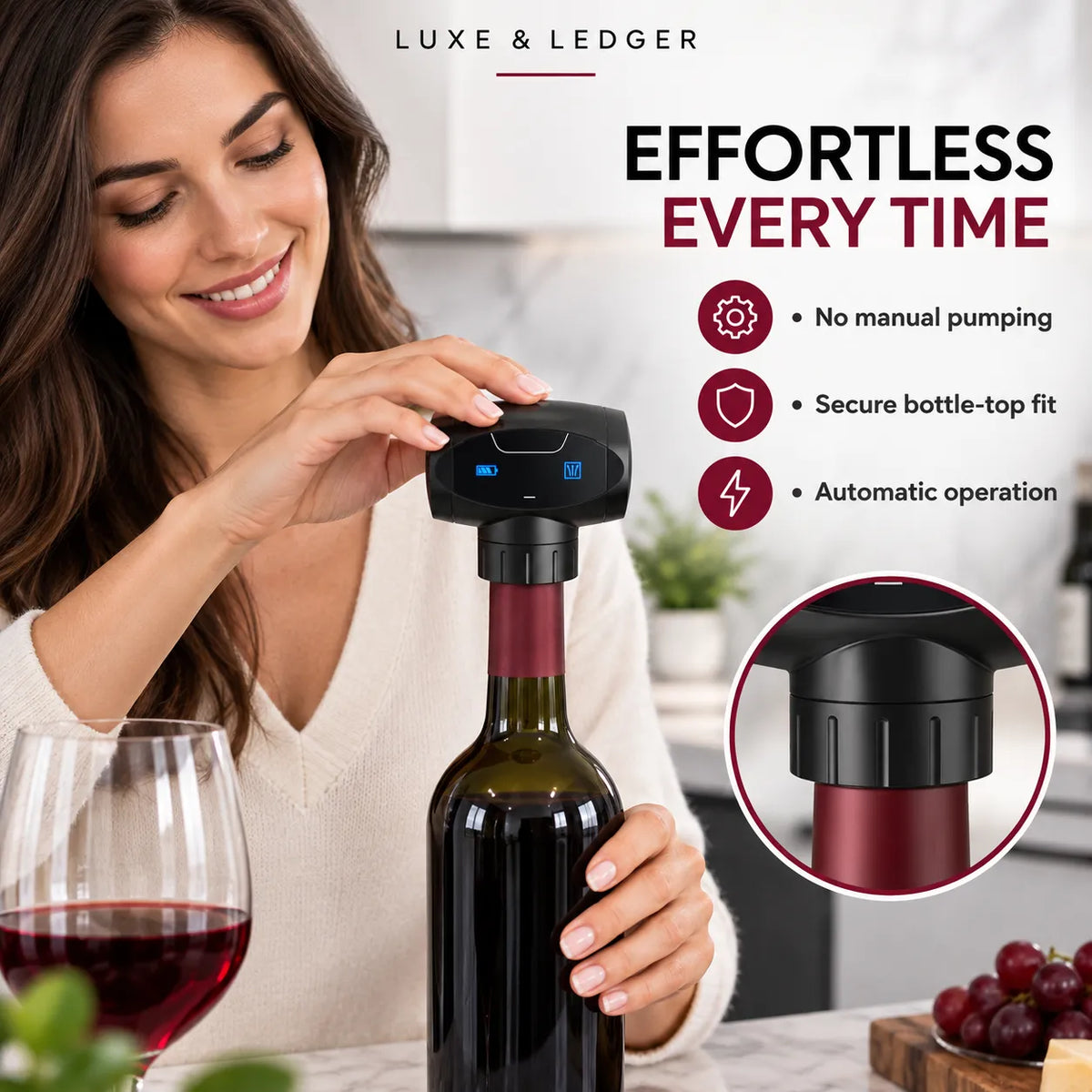 A woman demonstrates a black electric wine bottle opener on a wine bottle in a kitchen setting, with promotional text and feature icons on the right.