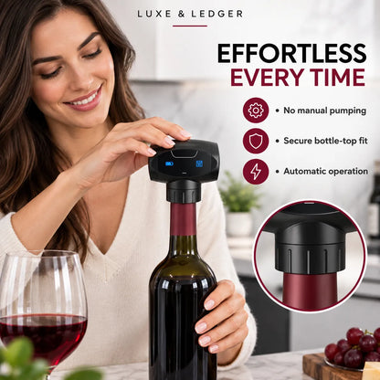 A woman demonstrates a black electric wine bottle opener on a wine bottle in a kitchen setting, with promotional text and feature icons on the right.