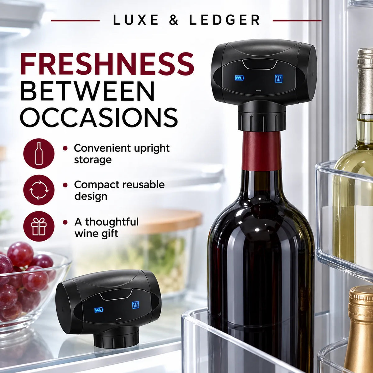 A Luxe & Ledger reusable wine bottle cap shown inside a refrigerator door, with one cap attached to a dark wine bottle and another cap shown separately. Large marketing text reads 'FRESHNESS BETWEEN OCCASIONS' with feature icons for upright storage, compact reusable design, and thoughtful wine gift packaging.