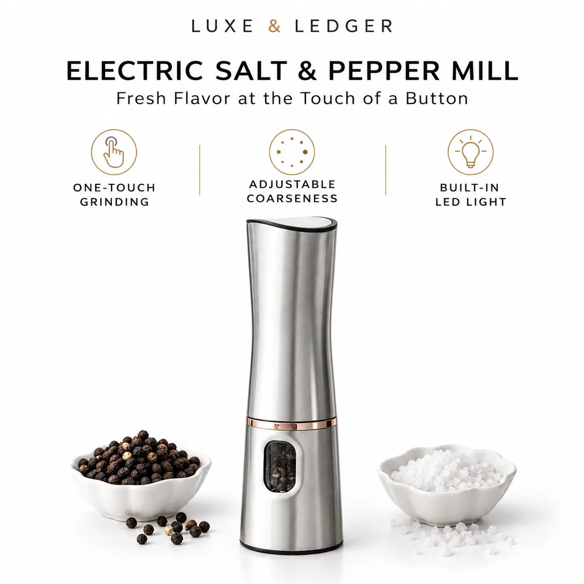 Luxe & Ledger electric salt and pepper mill in brushed stainless steel with a rose gold accent band, shown on a white background with bowls of salt and pepper and feature callouts above.