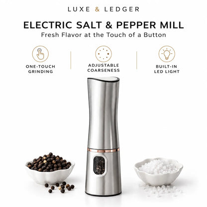 Luxe & Ledger electric salt and pepper mill in brushed stainless steel with a rose gold accent band, shown on a white background with bowls of salt and pepper and feature callouts above.