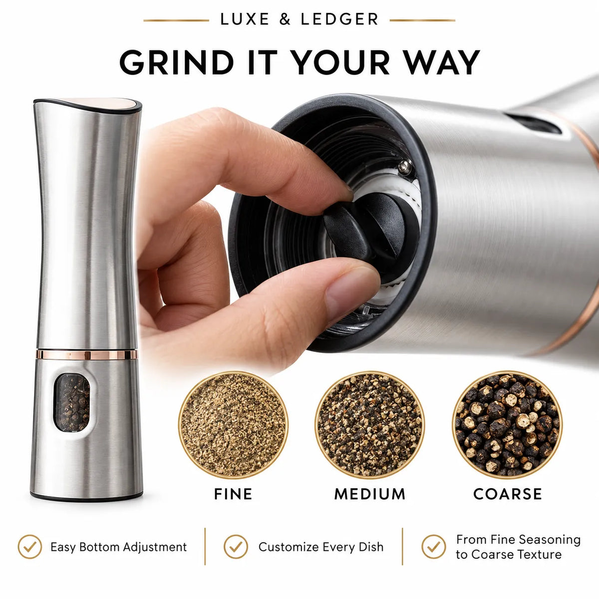 A stainless steel electric pepper mill grinder shown on a white background with a hand pressing the top button. The image includes text reading 'LUXE & LEDGER' and 'GRIND IT YOUR WAY,' plus three circular insets showing fine, medium, and coarse ground pepper textures, with feature callouts below.