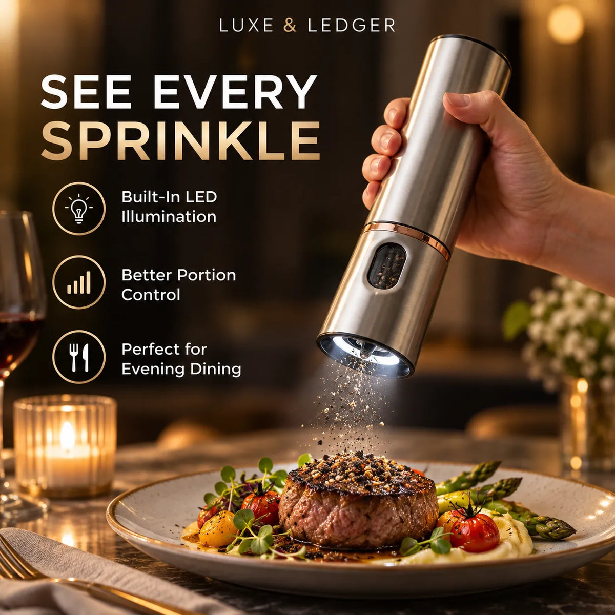 A hand holds a metallic cylindrical pepper grinder over a plated steak dish, with seasoning sprinkling onto the food. The scene includes promotional text reading 'SEE EVERY SPRINKLE' and 'LUXE & LEDGER,' plus feature callouts about built-in LED illumination, portion control, and evening dining use.