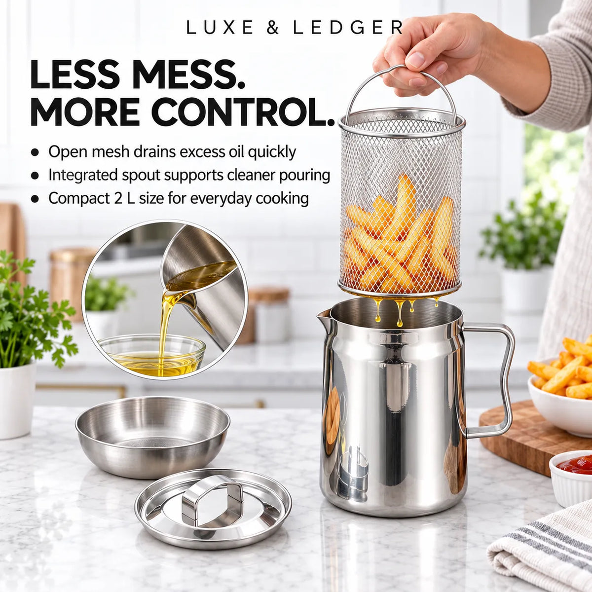 A stainless steel oil drain basket with integrated handle and spout, shown being used to drain french fries from a metal pitcher on a kitchen counter. The image includes marketing text, a circular inset showing oil pouring into a bowl, and the lid and separate metal bowl placed below.
