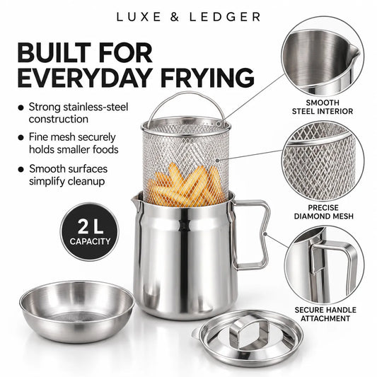 Stainless steel deep fryer set with a mesh basket, handle, lid, and shallow frying pan on a white background, with text and callout graphics explaining features. Brand name Luxe & Ledger is visible at the top.