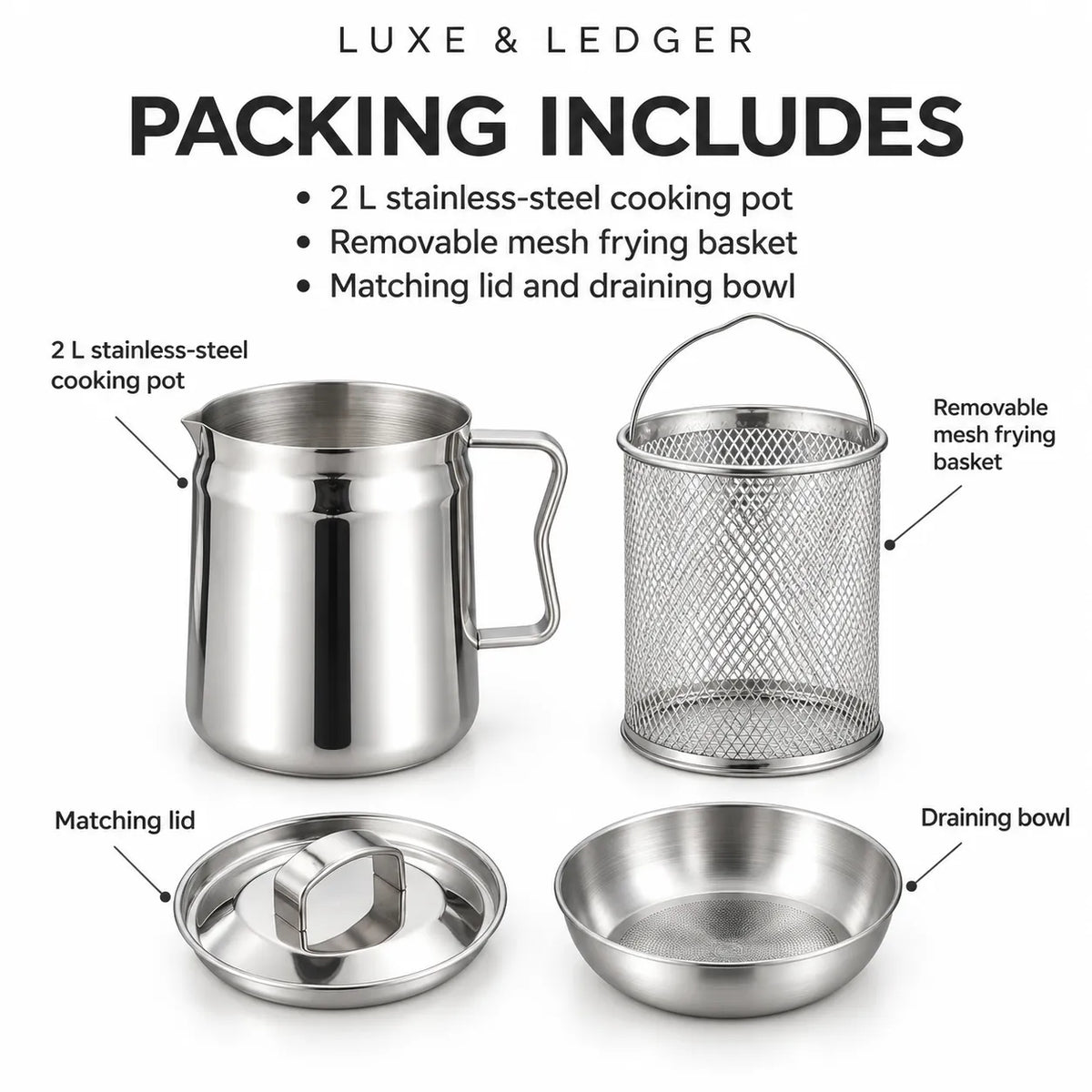 Stainless steel cooking pot set with labeled components on a white background: a 2 L stainless-steel cooking pot, removable mesh frying basket, matching lid, and draining bowl, with text reading 'PACKING INCLUDES' and 'LUXE & LEDGER'.