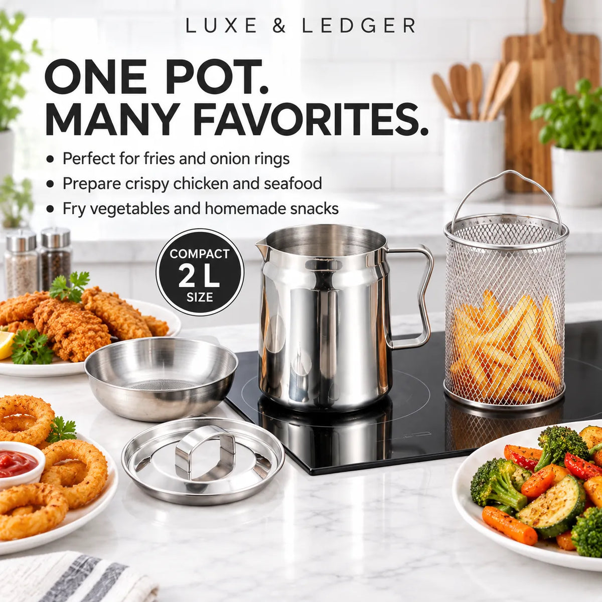 Stainless steel electric pot and fry basket set on a black induction cooktop in a bright kitchen setting, with plated fried and cooked foods around it. Text at the top reads 'LUXE & LEDGER' and 'ONE POT.