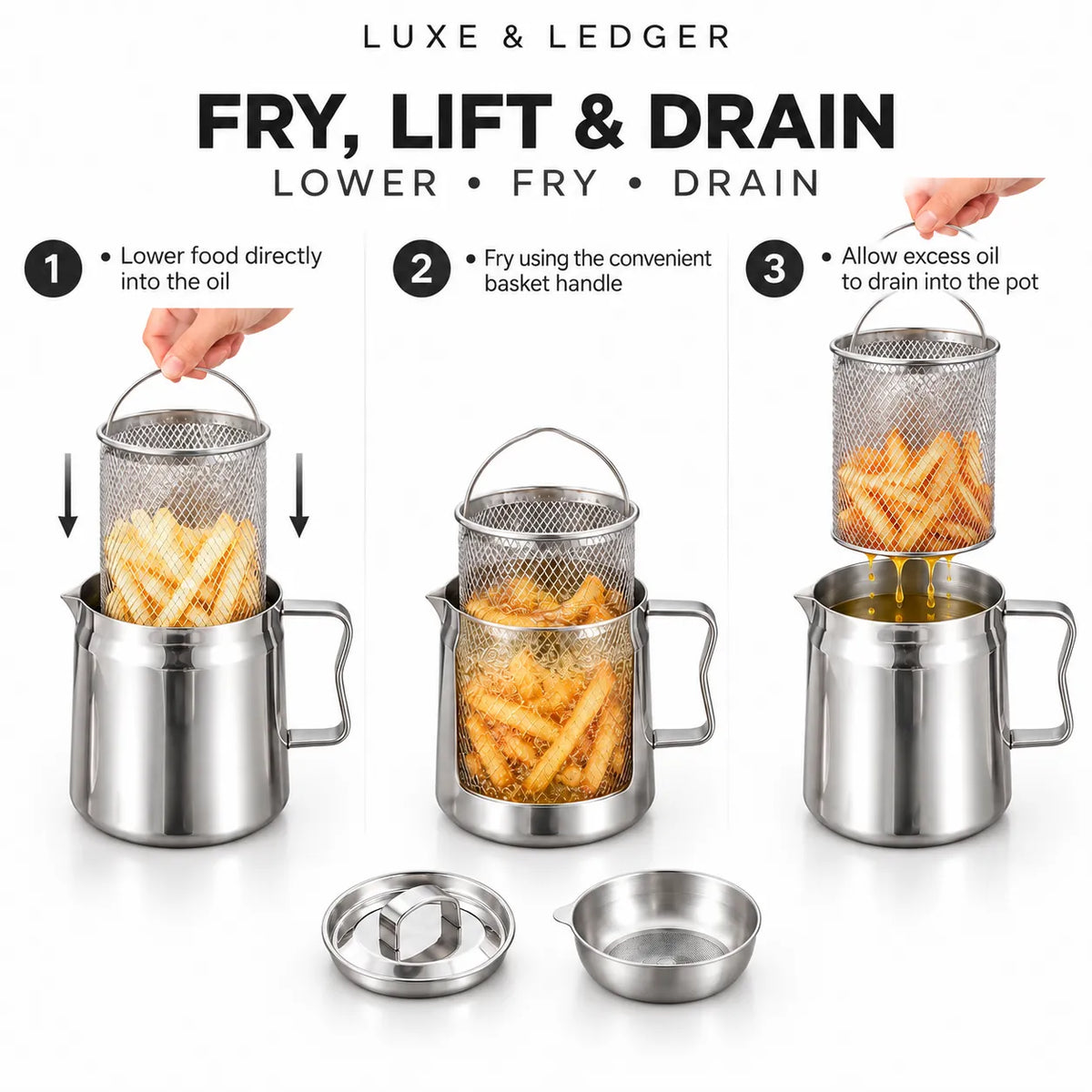 Stainless steel deep-fry basket set with three-step usage instructions on a white background. The image shows a hand lowering french fries into the basket, frying, and lifting to drain into a pot, with the lid and oil cup displayed below.