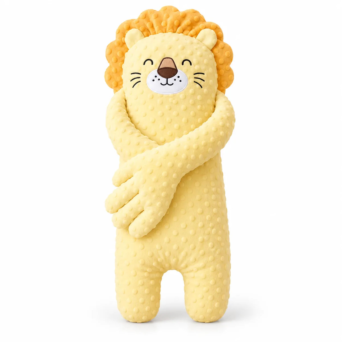 A yellow lion plush toy with a textured ducky-ball fabric, featuring a fluffy orange-yellow mane, a white muzzle, and closed-eyes facial features, standing against a plain white background.