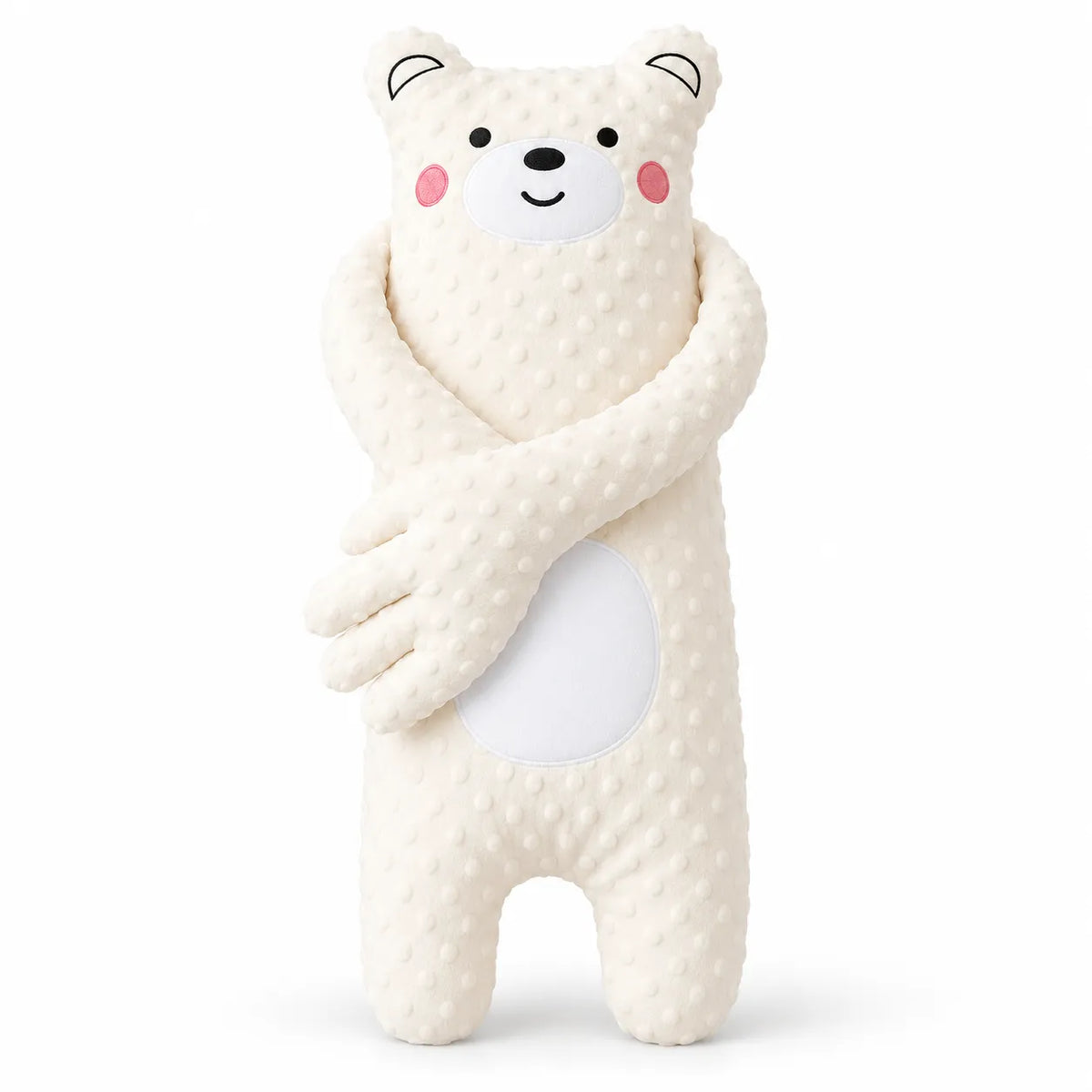 A cream-colored minky dot plush bear toy with crossed arms, featuring a white belly patch, pink cheeks, and a simple black embroidered face, set against a plain white background.