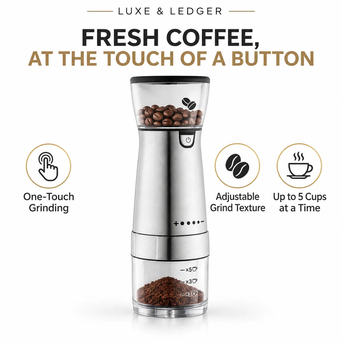 A manual electric coffee grinder with a brushed silver metal body, clear bean hopper filled with coffee beans, and a clear grounds container. The image includes marketing text and icons highlighting one-touch grinding, adjustable grind texture, and grinding up to 5 cups at a time.