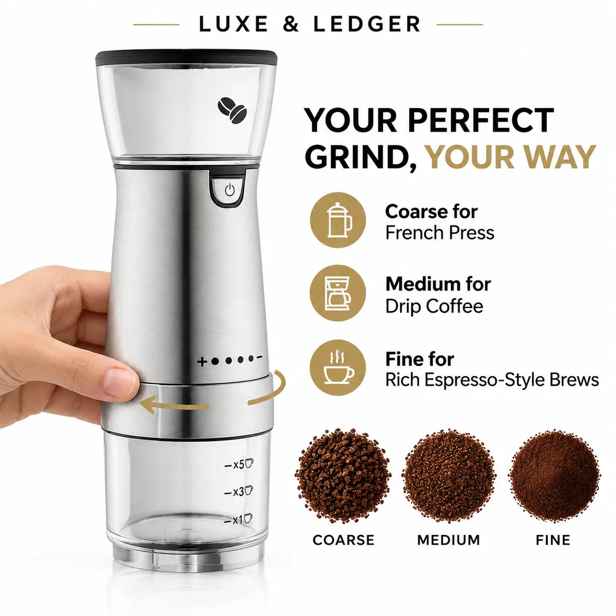 A hand holds a stainless steel manual coffee grinder with a clear lower chamber, shown on a white background with marketing text and coffee grind size examples.