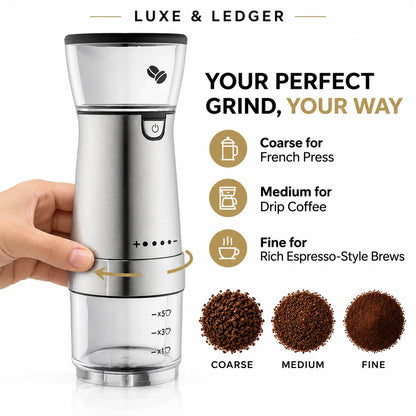 A hand holds a stainless steel manual coffee grinder with a clear lower chamber, shown on a white background with marketing text and coffee grind size examples.