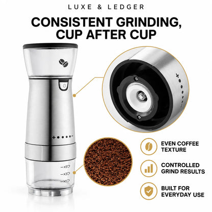 A manual coffee grinder with a brushed silver metal body and a clear bean hopper, shown on a white background with marketing text and callout graphics. The image includes a close-up of the grinding chamber and a circular inset showing ground coffee beans.