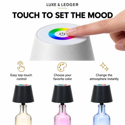 A product infographic for a mood lamp by Luxe & Ledger. The top section shows a hand touching a colorful touch-sensitive button on a white cylindrical lamp base, with the text 'TOUCH TO SET THE MOOD'.