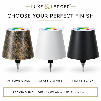 Three cone-shaped wireless LED bottle lamps shown side by side with labeled finish options: Antique Gold, Classic White, and Matte Black. Above the products, the text reads 'LUXE & LEDGER' and 'CHOOSE YOUR PERFECT FINISH,' with a small color wheel sticker on top of each lamp.