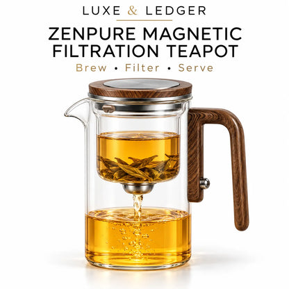 A clear glass teapot with a dark wood handle and lid, shown on a white background with text reading 'LUXE & LEDGER ZENPURE MAGNETIC FILTRATION TEAPOT' and 'Brew • Filter • Serve'. Tea is visible inside, and the teapot has a metal infuser filter hanging in the center.
