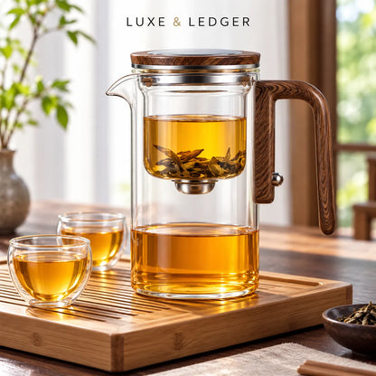A clear glass teapot with a dark wood handle and lid, filled with amber tea and an infuser, displayed on a wooden tray with two small glass cups. The brand name 'LUXE & LEDGER' is visible at the top.
