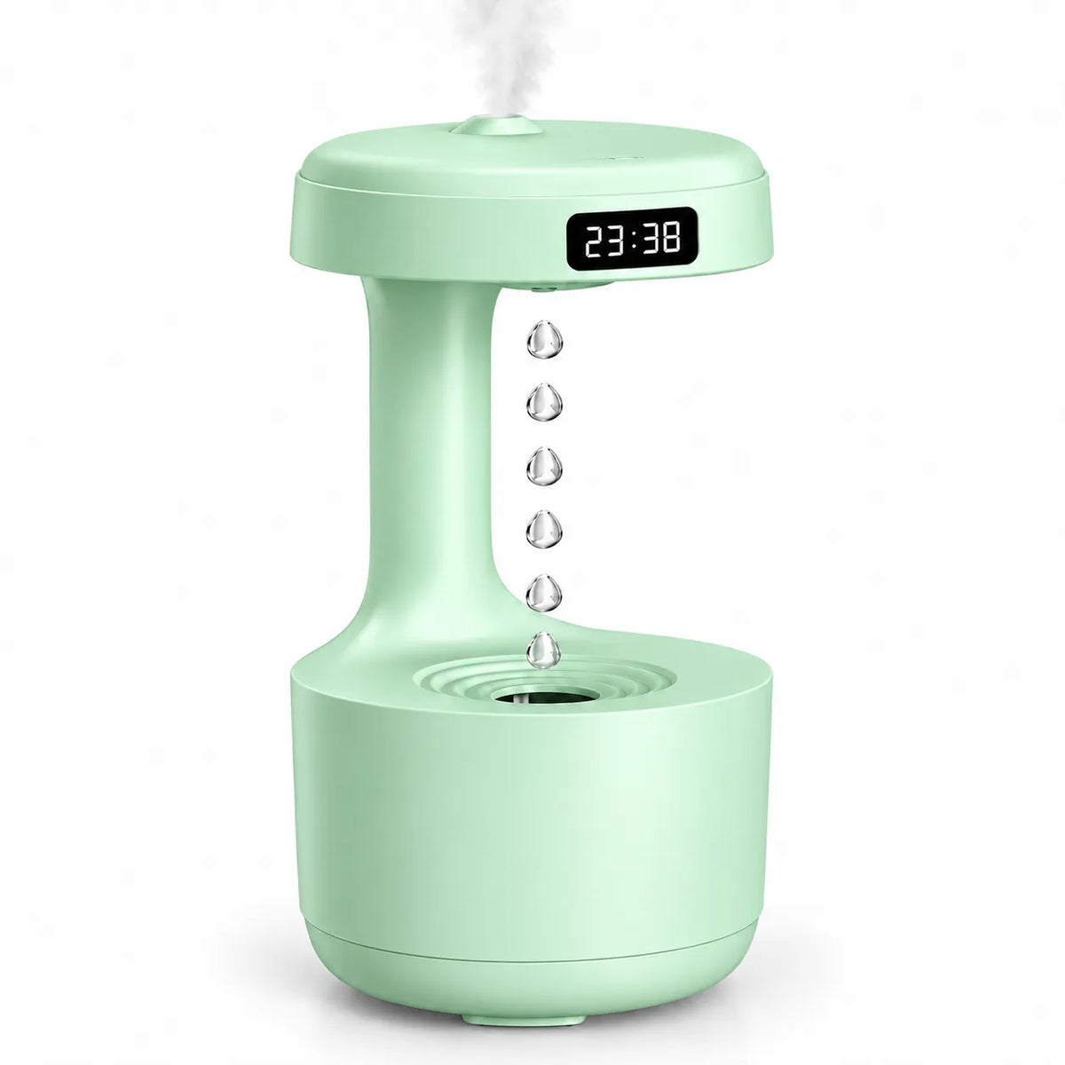A mint green automatic humidifier and diffuser with a digital display showing 23:38, emitting a fine mist from the top. The device features a sleek, modern design with a cylindrical base, a curved neck, and a water droplet graphic illustrating the mist output, set against a plain white background.