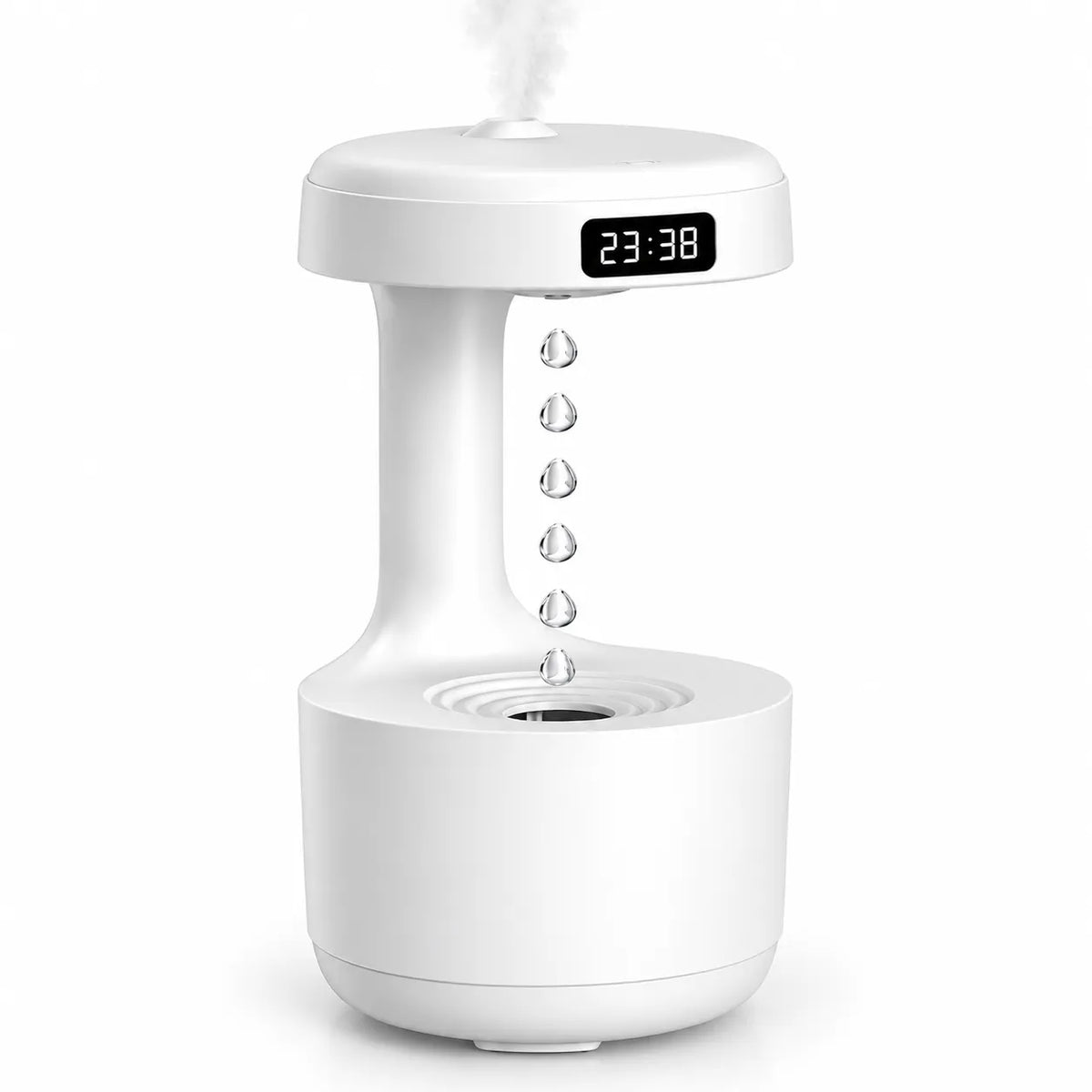 A white automatic humidifier and diffuser with a digital LED display showing '23:38' and a misting top emitting vapor, with simulated water droplets falling down the front, set against a solid white background.