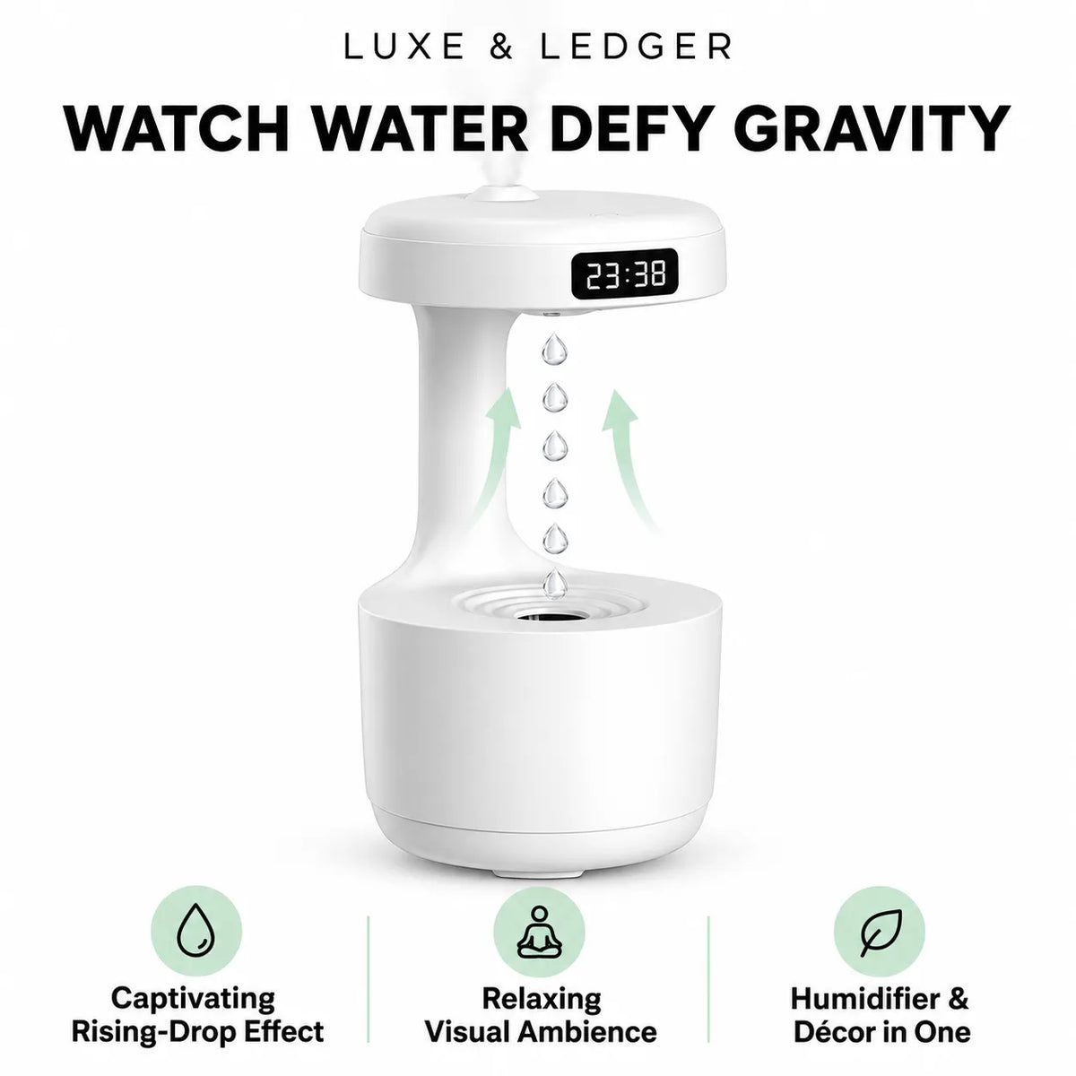 A white Luxe & Ledger watch water defying gravity humidifier and decor light, shown on a white background with promotional text and feature icons.