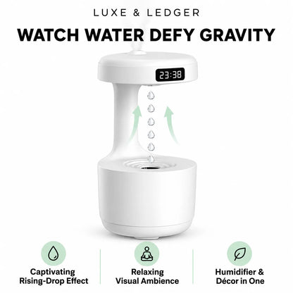 A white Luxe & Ledger watch water defying gravity humidifier and decor light, shown on a white background with promotional text and feature icons.