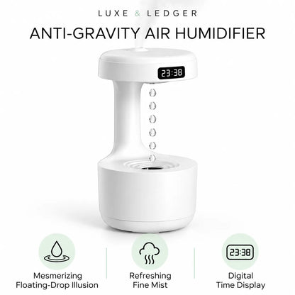 Luxe & Ledger anti-gravity air humidifier in white, featuring a digital time display on the front, floating drop effect, and fine mist function, shown on a white background with feature icons below.