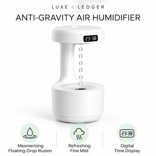 Luxe & Ledger anti-gravity air humidifier in white, featuring a digital time display on the front, floating drop effect, and fine mist function, shown on a white background with feature icons below.