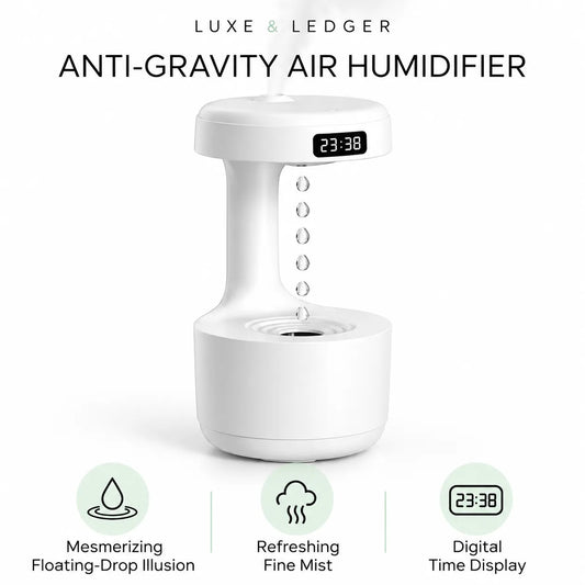 Luxe & Ledger anti-gravity air humidifier in white, featuring a digital time display on the front, floating drop effect, and fine mist function, shown on a white background with feature icons below.